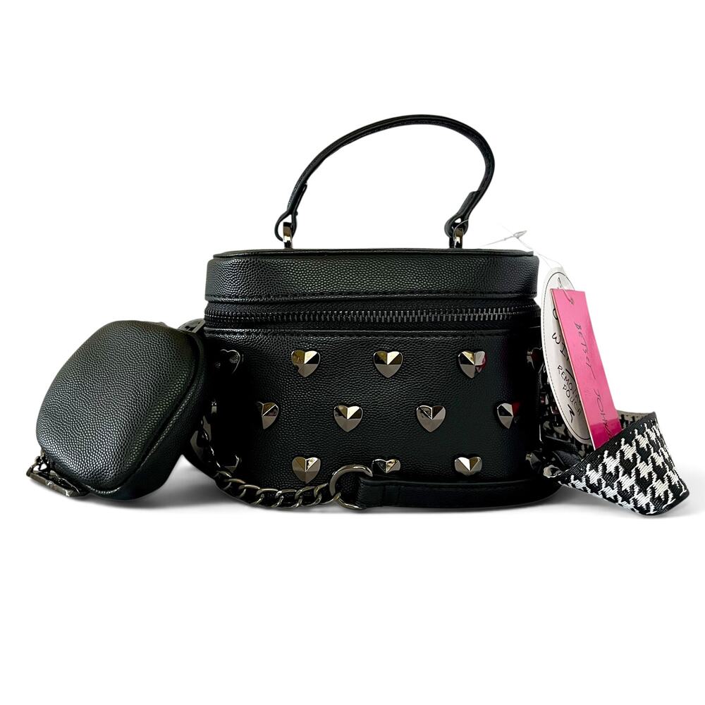 NWT Betsey Johnson XOHalen Black Faux Leather Heart Stud Crossbody Bag & Pouch